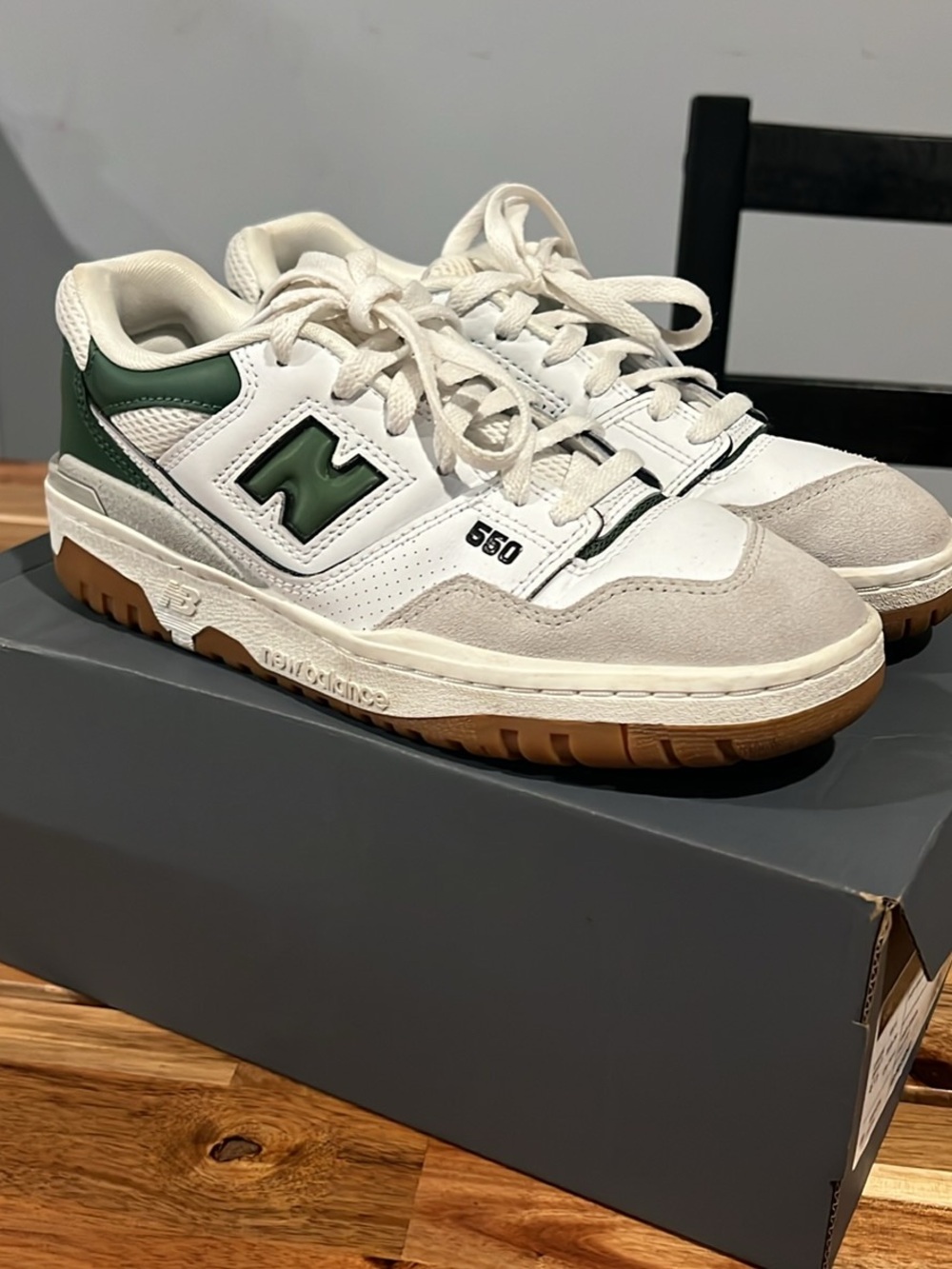 New Balance 550 White with Green & Gum Sole Sneakers